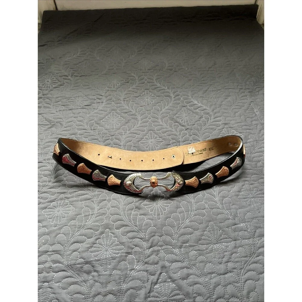Streets Ahead VTG Silver & Rose Gold Medallion Black Leather Belt SZM/L RARE 42
